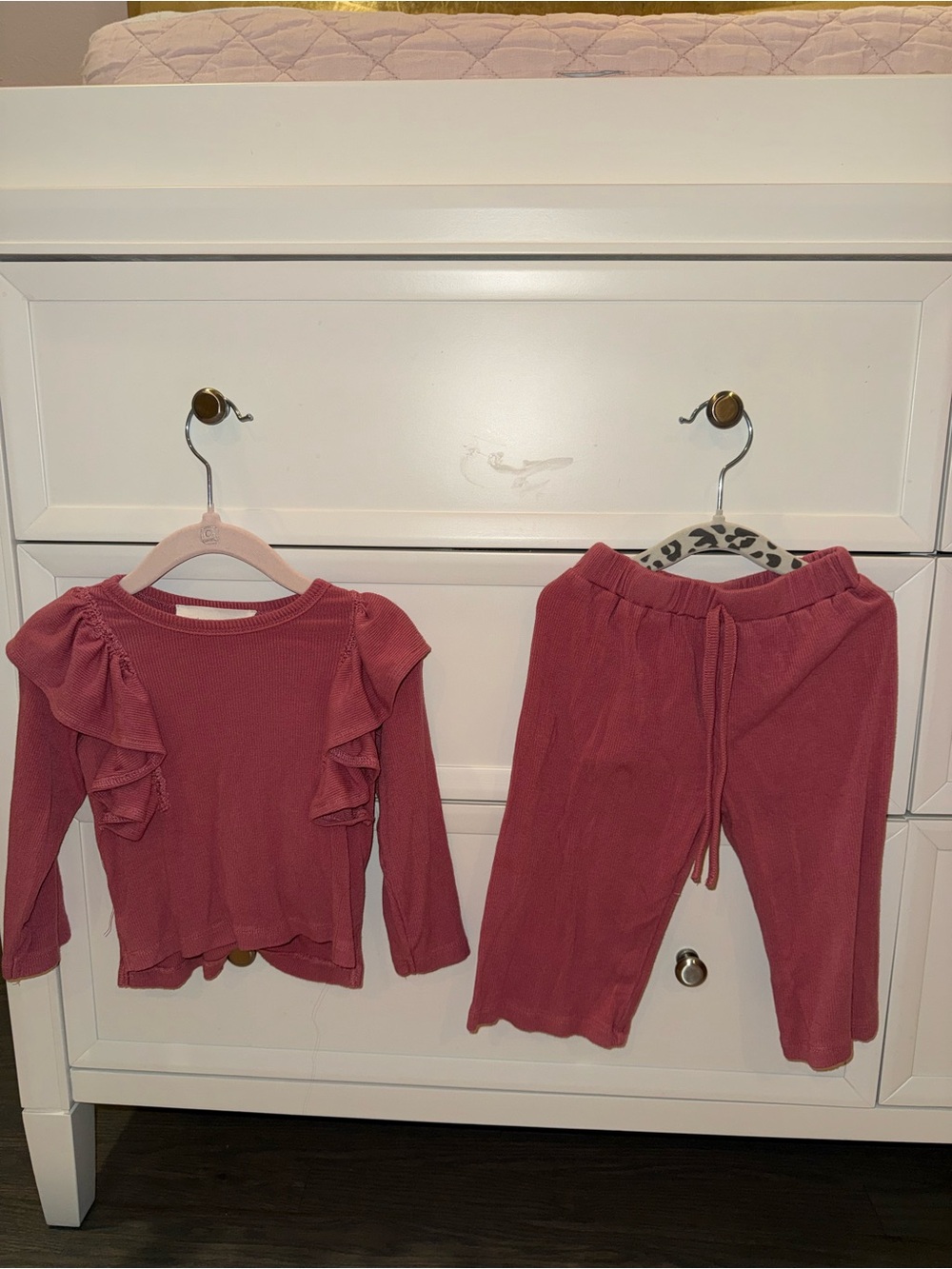 Girls' Fall Rose Pink Ruffle Long-Sleeve Soft Knit Lounge Set 18M
